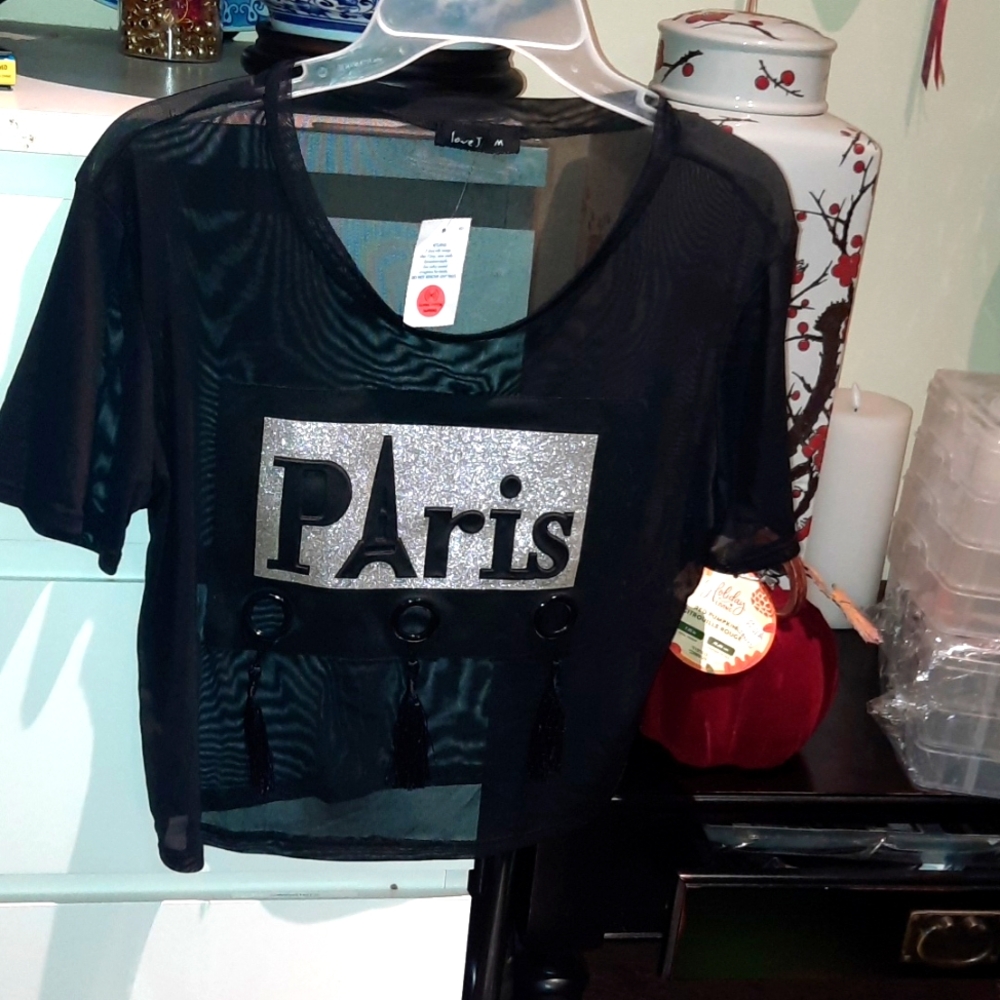 NWT SEXY SHEER FAUX LEATHER CROP TOP "PARIS" 3D MEDIUM Tassles